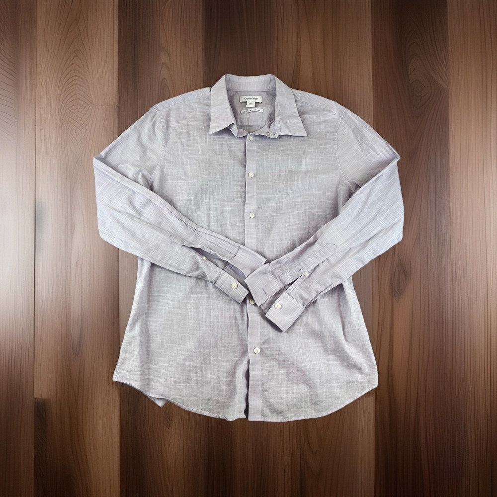Calvin‎ Klein Mens Dress Shirt Purple Plaid Long Sleeve Cotton Stretch Large